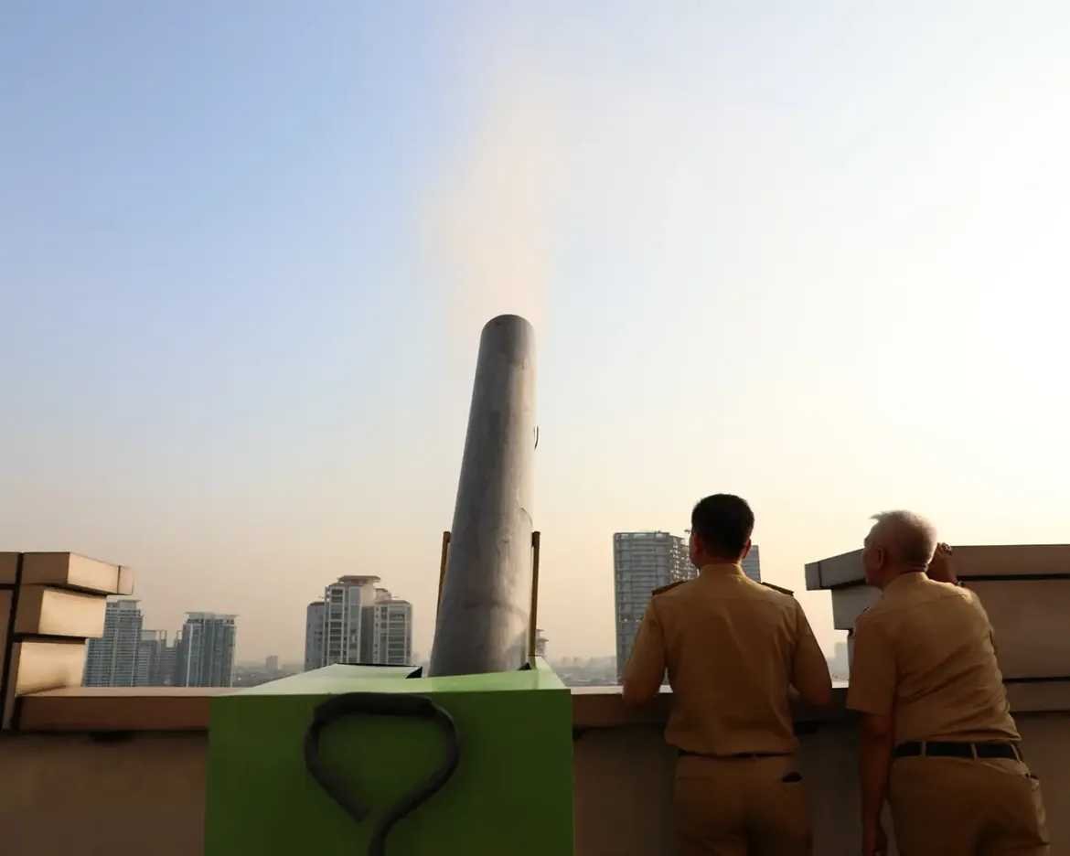 Lawan Panas Dan Polusi, Water Mist Jaksel Disemprotkan Di Atas Kantor Walikota Dan Jalan Protokol